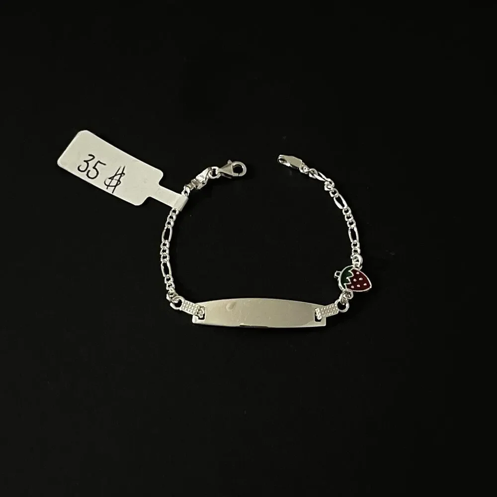 Esclava fígaro con plaquita de plata 925 con dije de Fresa - 5.5 inch